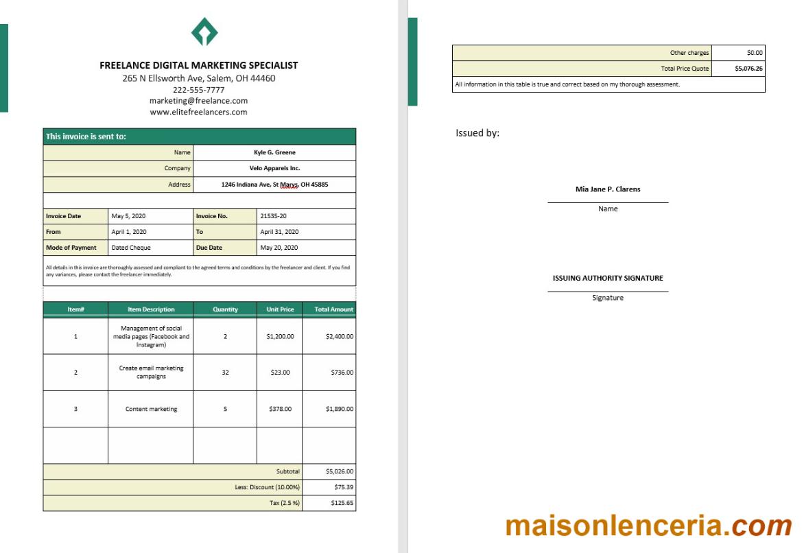 Szablon faktury usługi Freelance w formatach Word i PDF